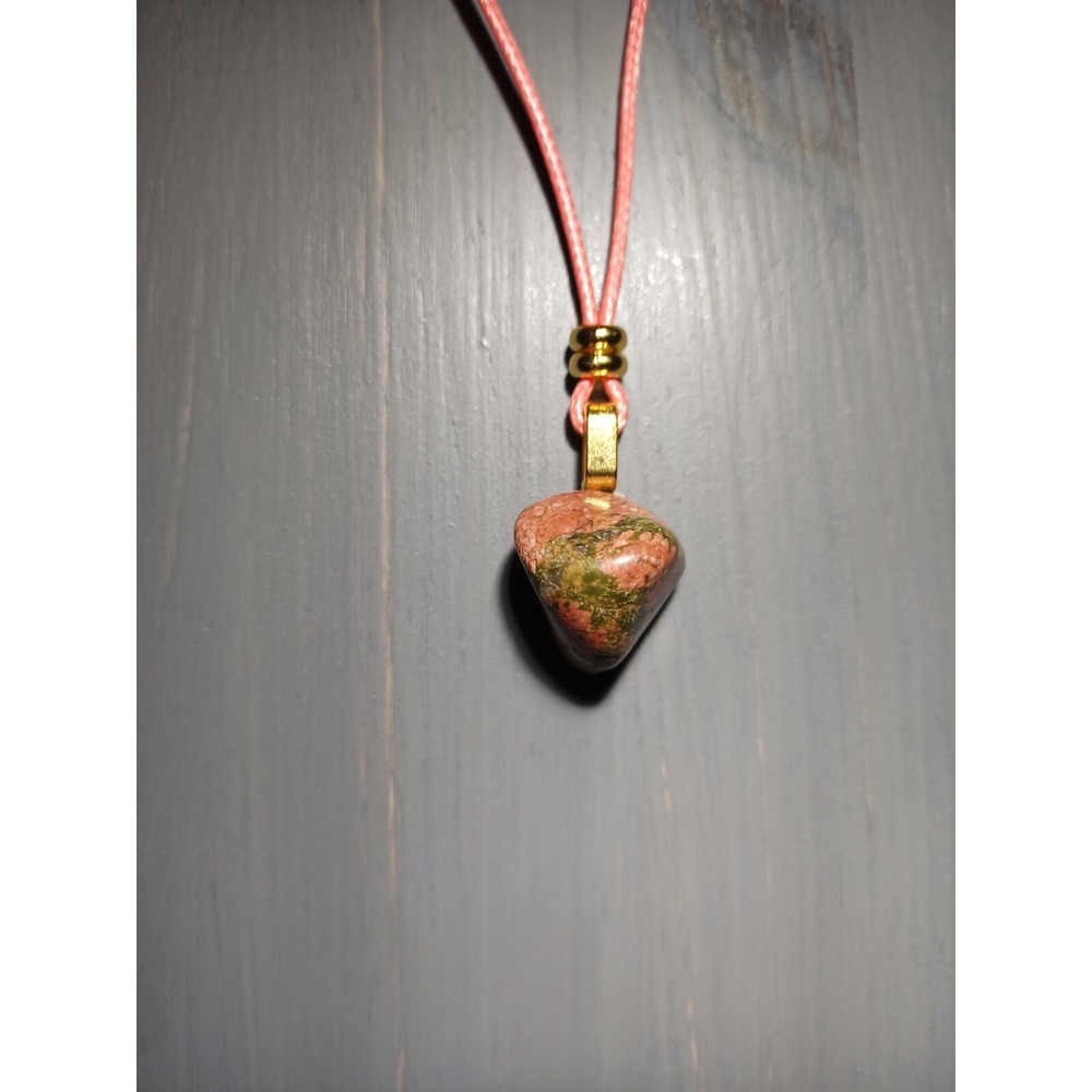 Unakite Stone Pendant Necklace Pink Waxed Cord 17.5in Adjustable Break Away